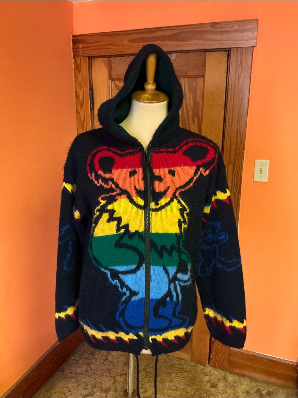 Grateful Dead Dancing Bear Rainbow Knit Zip Hoodie Sweater Full Zip Deadhead - Picture 11 of 14